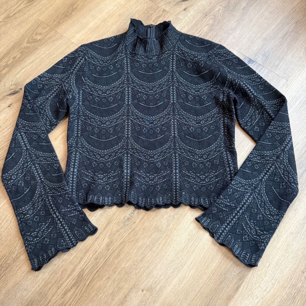 Cinq a Sept Womens Black Scalloped Knit Mock Neck Bell Sleeve Sweater Size L
